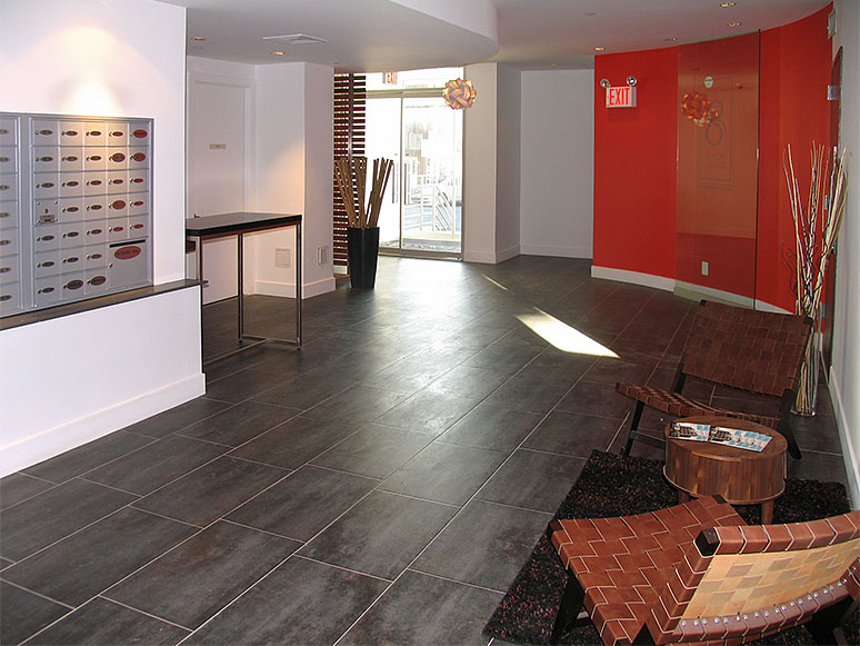 building lobby showing stone floor